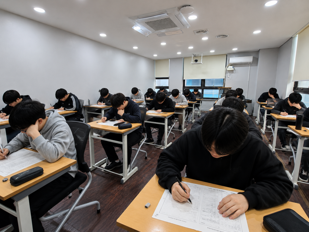 6월 모의고사를 대비하여 시험지(OMR)를 보며 집중해서 자습하고 있는 강남의 한 재수학원 독재반 학생들의 모습