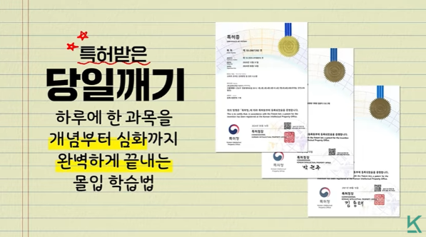 특허받은 당일깨기 학습법 하루 한 과목 개념 심화 몰입 학습 설명