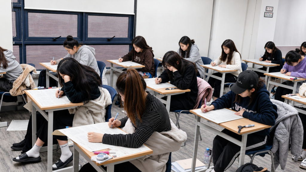대치동 강안교육 지옥의 파이널 과정에서 학생들이 실제 시험장과 동일한 환경 속에서 수능 실전 훈련을 치르고 있는 모습